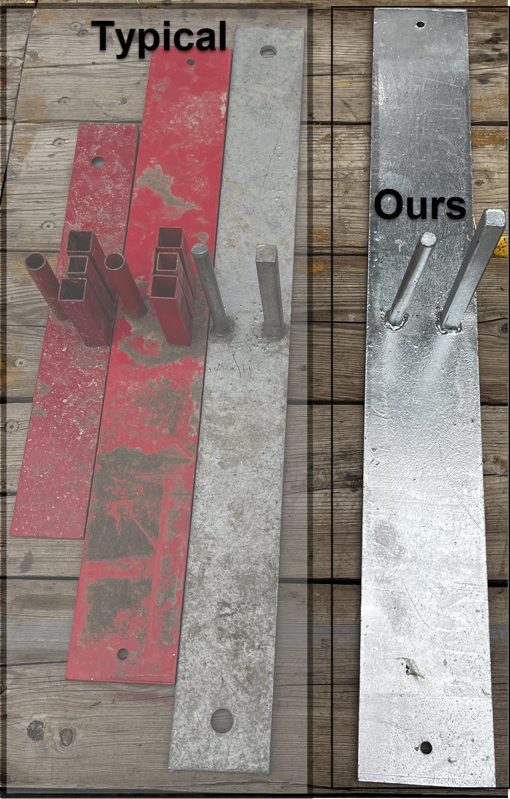 Typical thin base connector plates with hollow pegs beside the longer, thicker StructSure footing with solid welded pegs