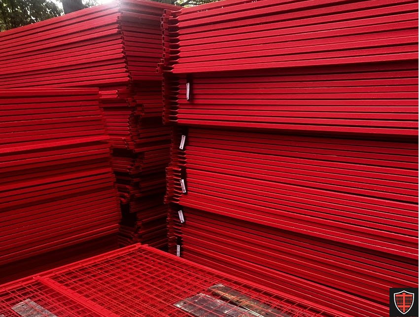Close view of stacked red panels showing the frames and mesh